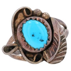 Native American Turquoise Solitaire Ring - Sterling Silver 925 Feather Size 3