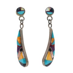 Native American Turquoise Spiny Oyster Coral Dangle Earrings Sterling 925 Inlay