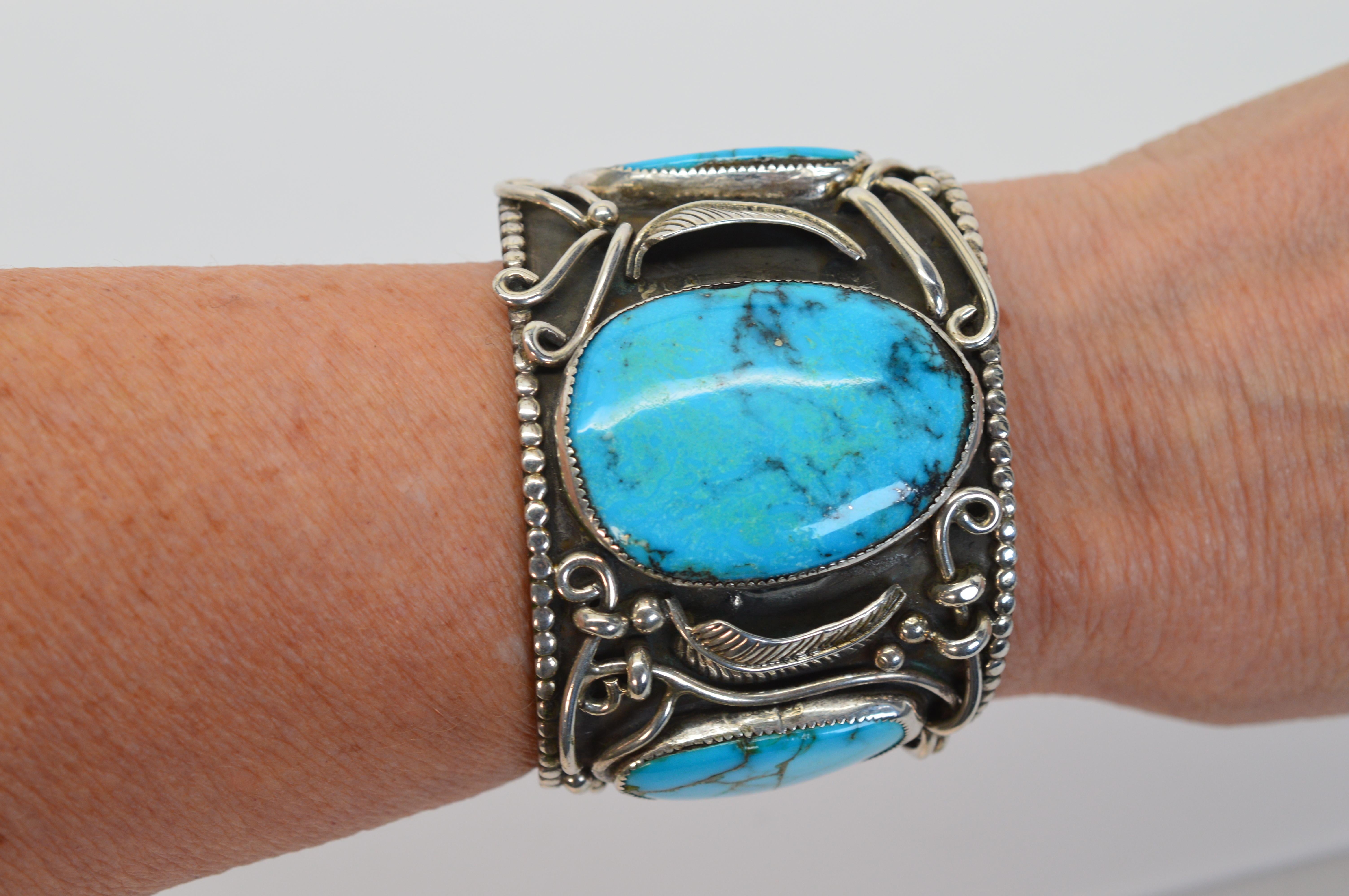 Native American Turquoise Sterling Silver Cuff Bracelet For Sale 2