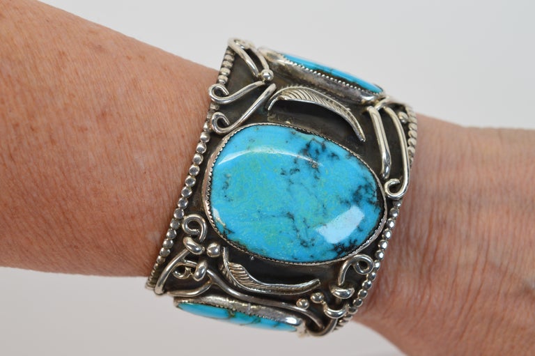 Native American Turquoise Sterling Silver Cuff Bracelet For Sale 6