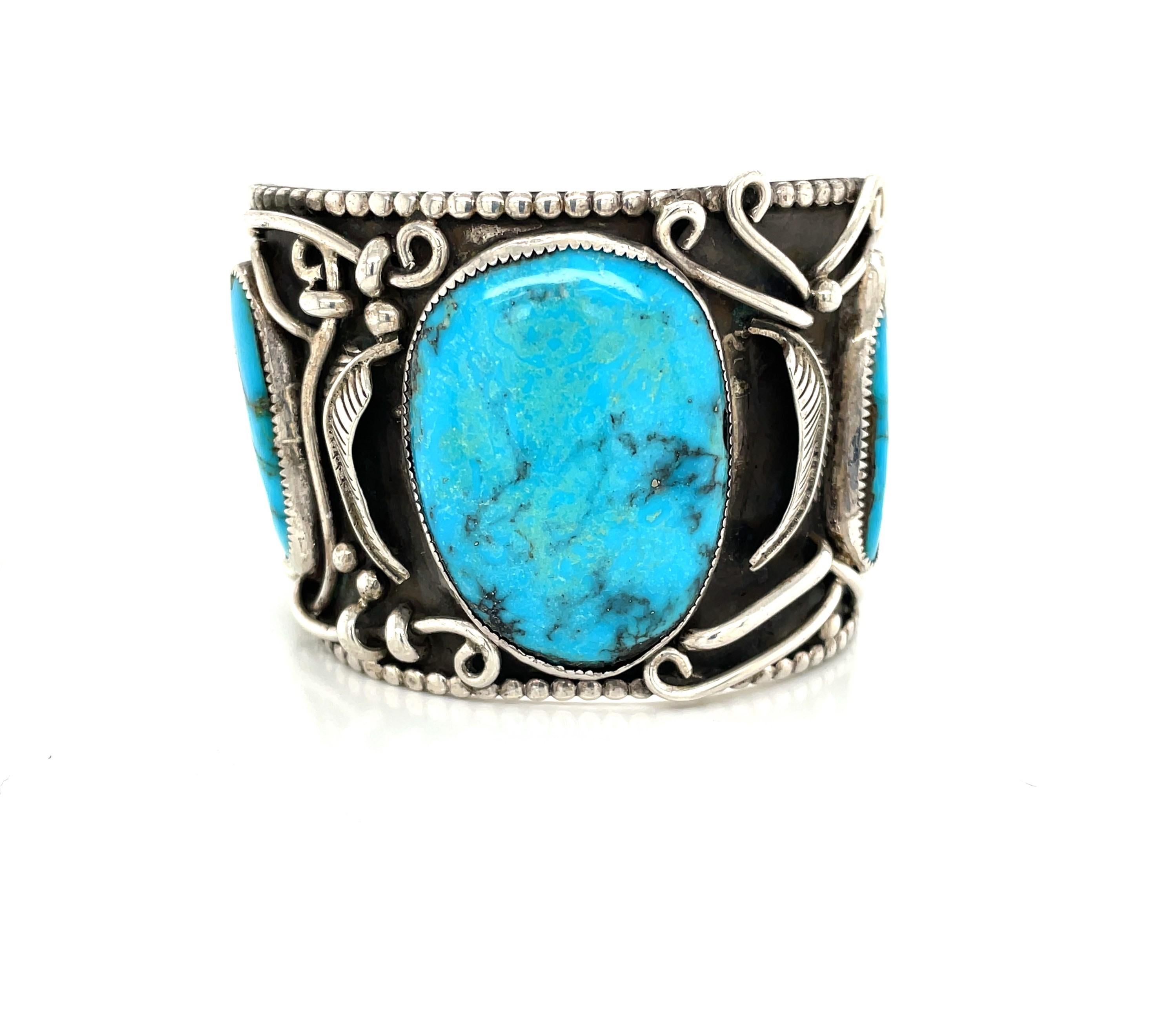 Amérindien Bracelet manchette en argent sterling et turquoise d'Amérique du Nord en vente