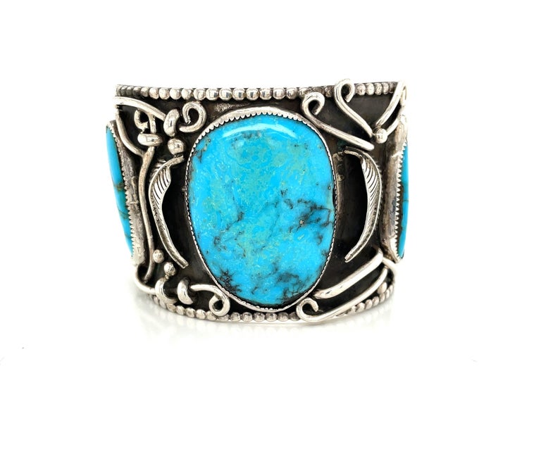 Uncut Native American Turquoise Sterling Silver Cuff Bracelet For Sale