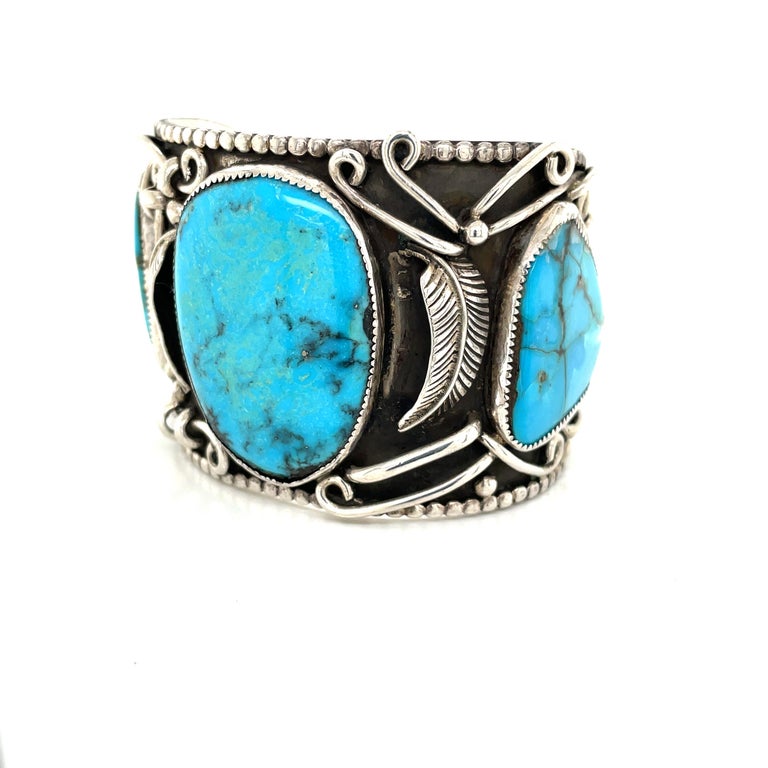 Women's or Men's Native American Turquoise Sterling Silver Cuff Bracelet For Sale