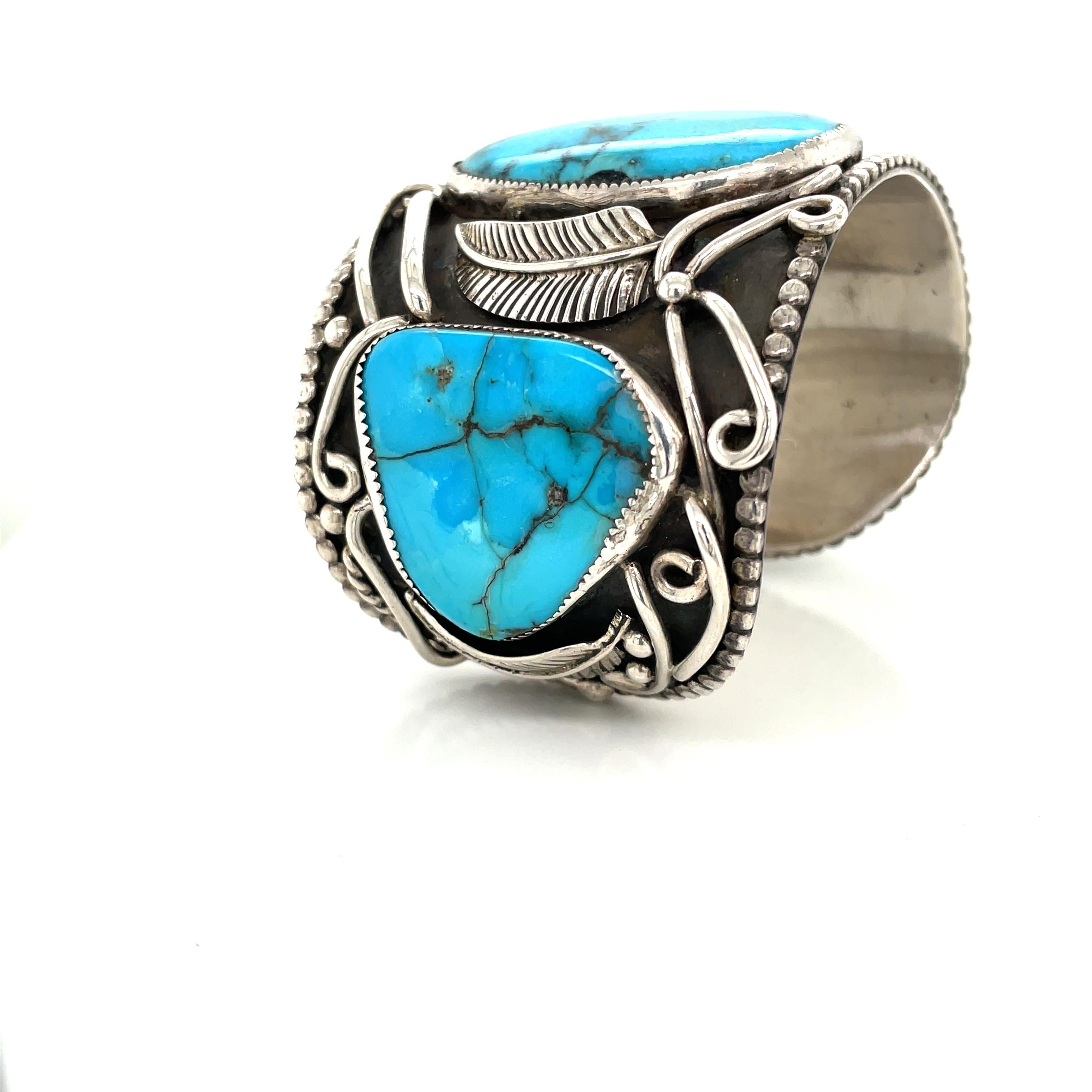 Uncut Native American Turquoise Sterling Silver Cuff Bracelet For Sale