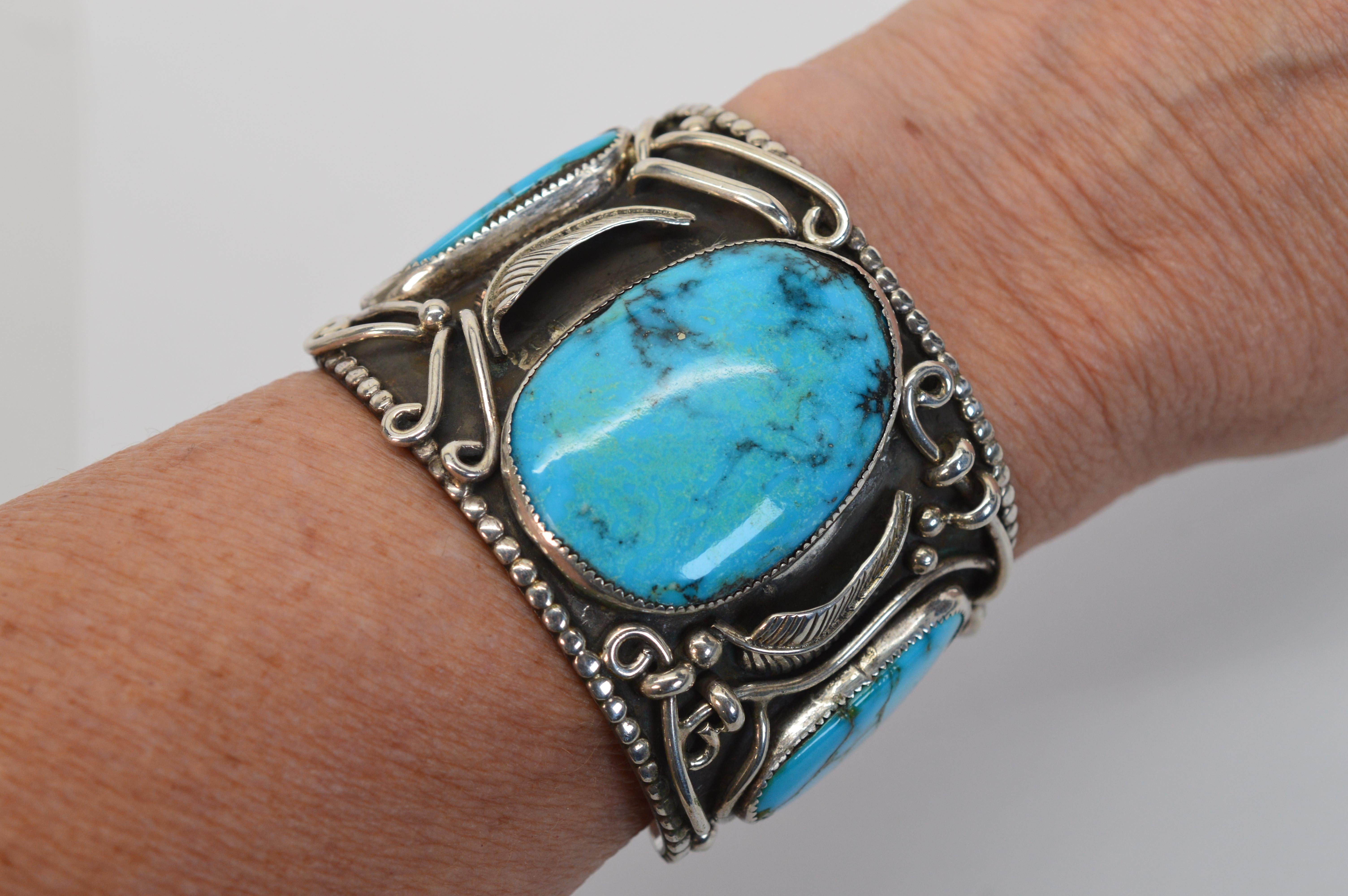 Women's or Men's Native American Turquoise Sterling Silver Cuff Bracelet For Sale