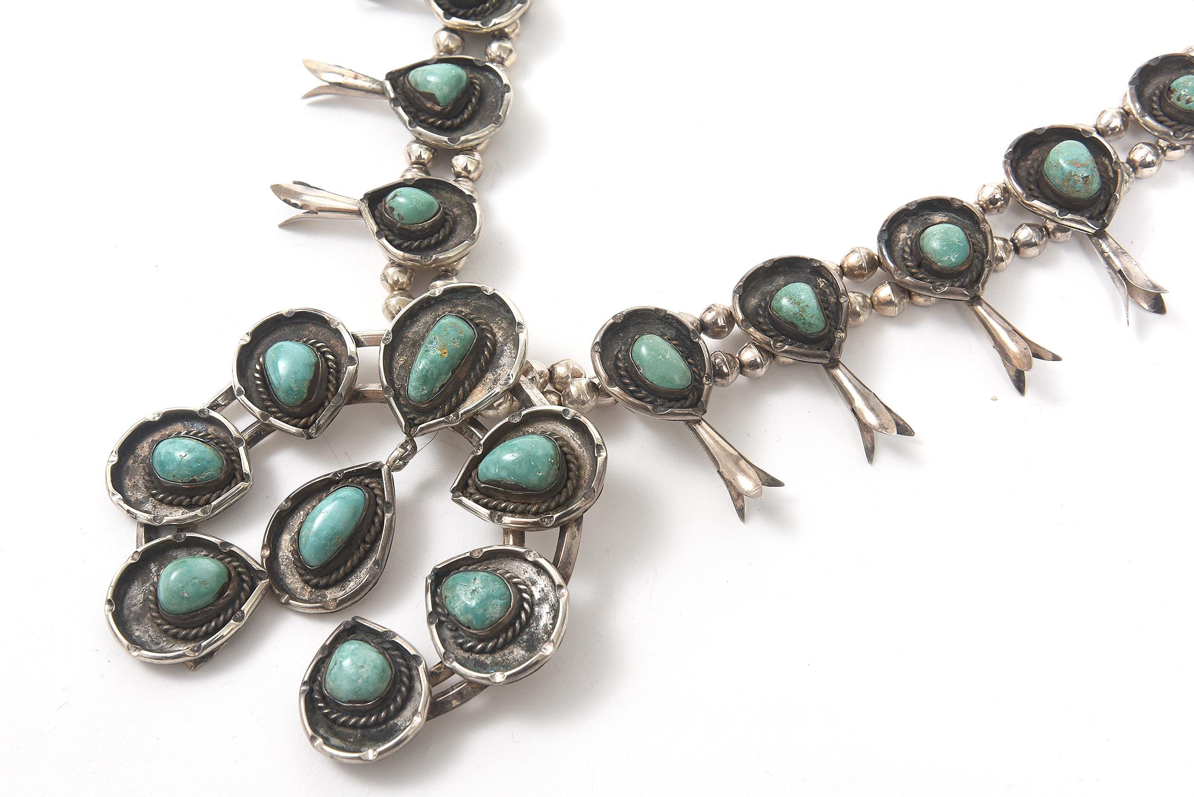 Cabochon Native American Turquoise Sterling Silver Squash Blossom Necklace
