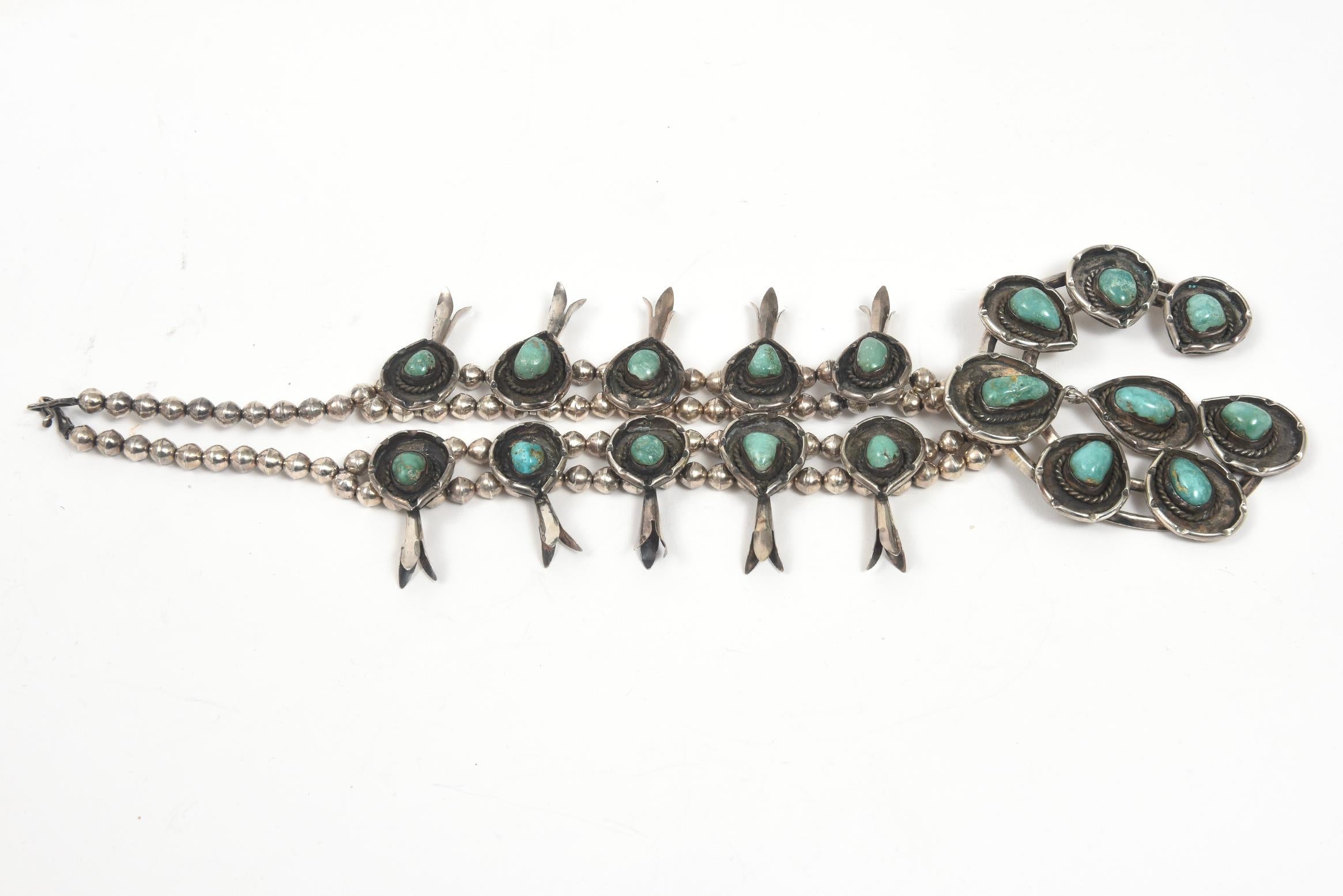 Native American Turquoise Sterling Silver Squash Blossom Necklace In Good Condition In Miami Beach, FL