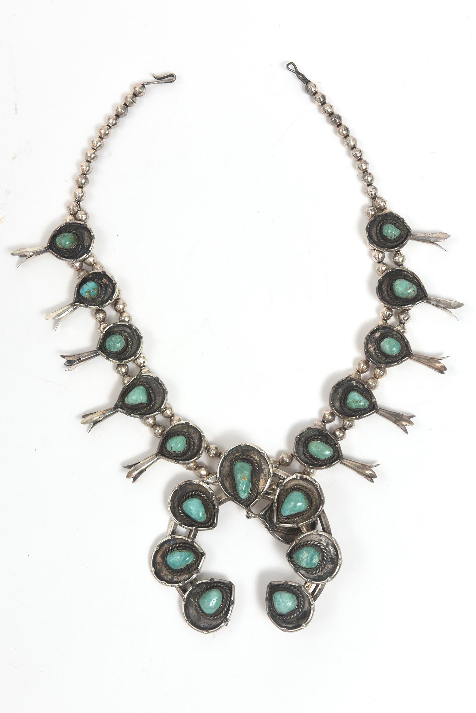 Native American Turquoise Sterling Silver Squash Blossom Necklace 2