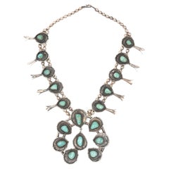 Native American Turquoise Sterling Silver Squash Blossom Necklace