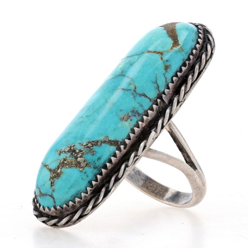 Native American Turquoise w/ Pyrite Matrix Cocktail Solitaire Ring Sterling 925 In Excellent Condition For Sale In Greensboro, NC