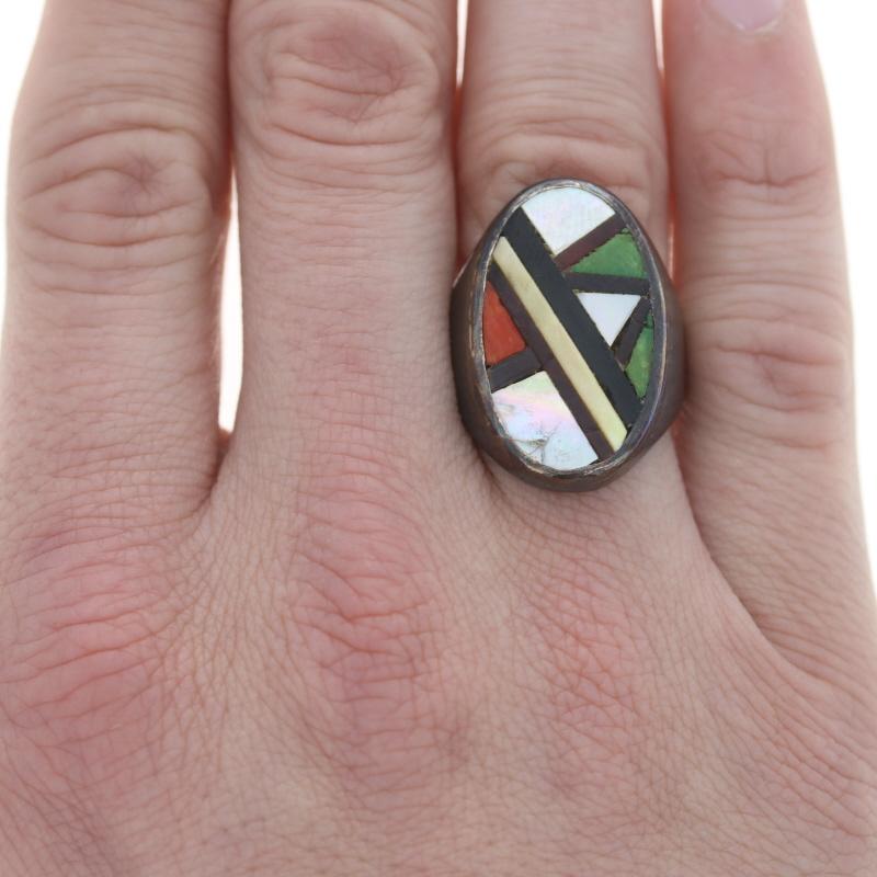 Mixed Cut Native American Vintage Mother of Pearl Turquoise Men's Ring Sterling Sz 10 3/4 For Sale
