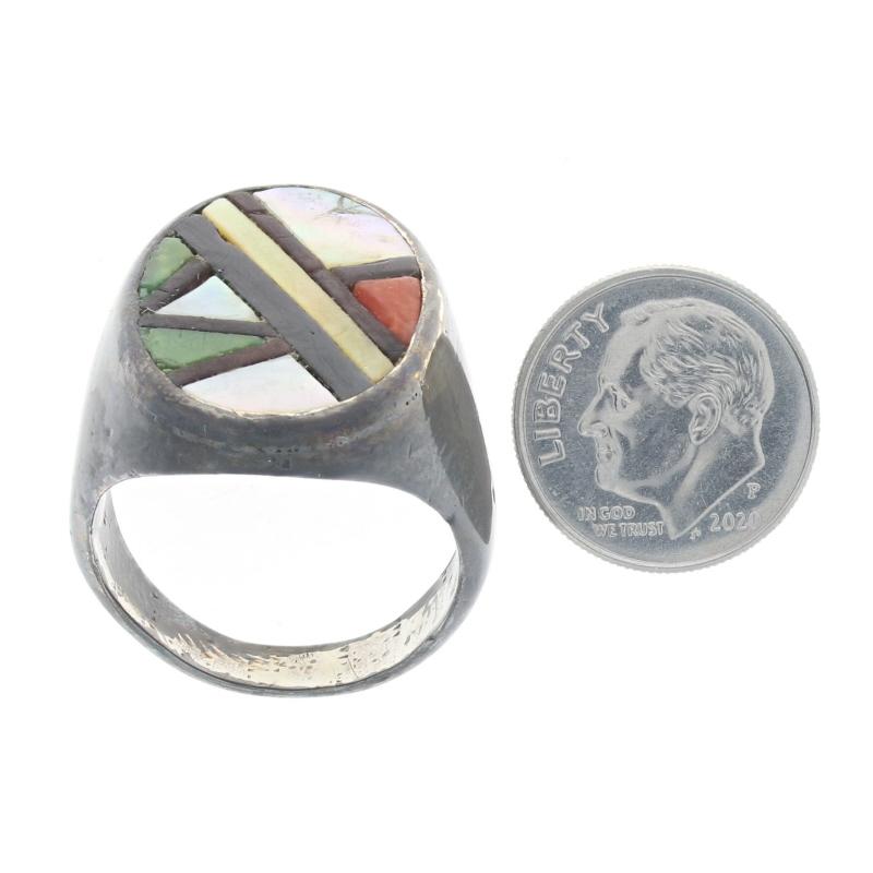 Native American Vintage Mother of Pearl Turquoise Men's Ring Sterling Sz 10 3/4 For Sale 1