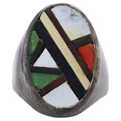 Native American Antique Mother of Pearl Turquoise Men's Ring Sterling Sz 10 3/4