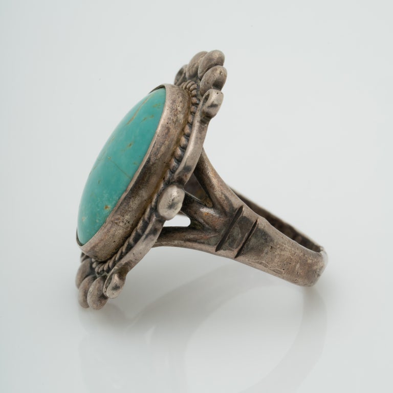 Oval Cut Native American Vintage Turquoise Ring, C.1960s For Sale