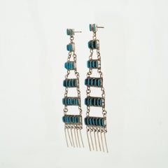 Pendientes de flecos largos Zuni vintage nativos americanos, plata y turquesa, c. 1970