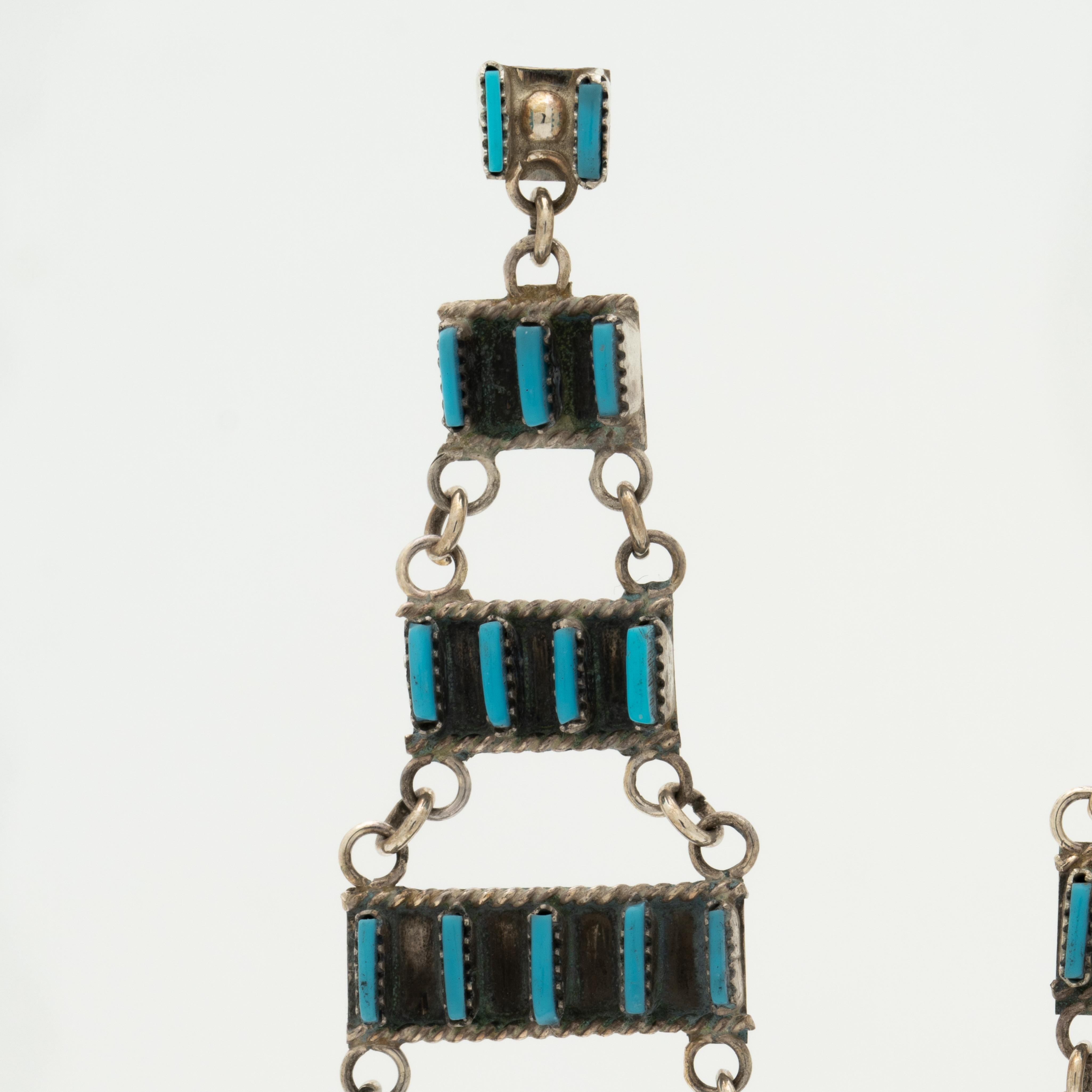 Baguette Cut Native American Vintage Zuni Silver Turquoise Long Fringe Earrings, C. 1970s For Sale