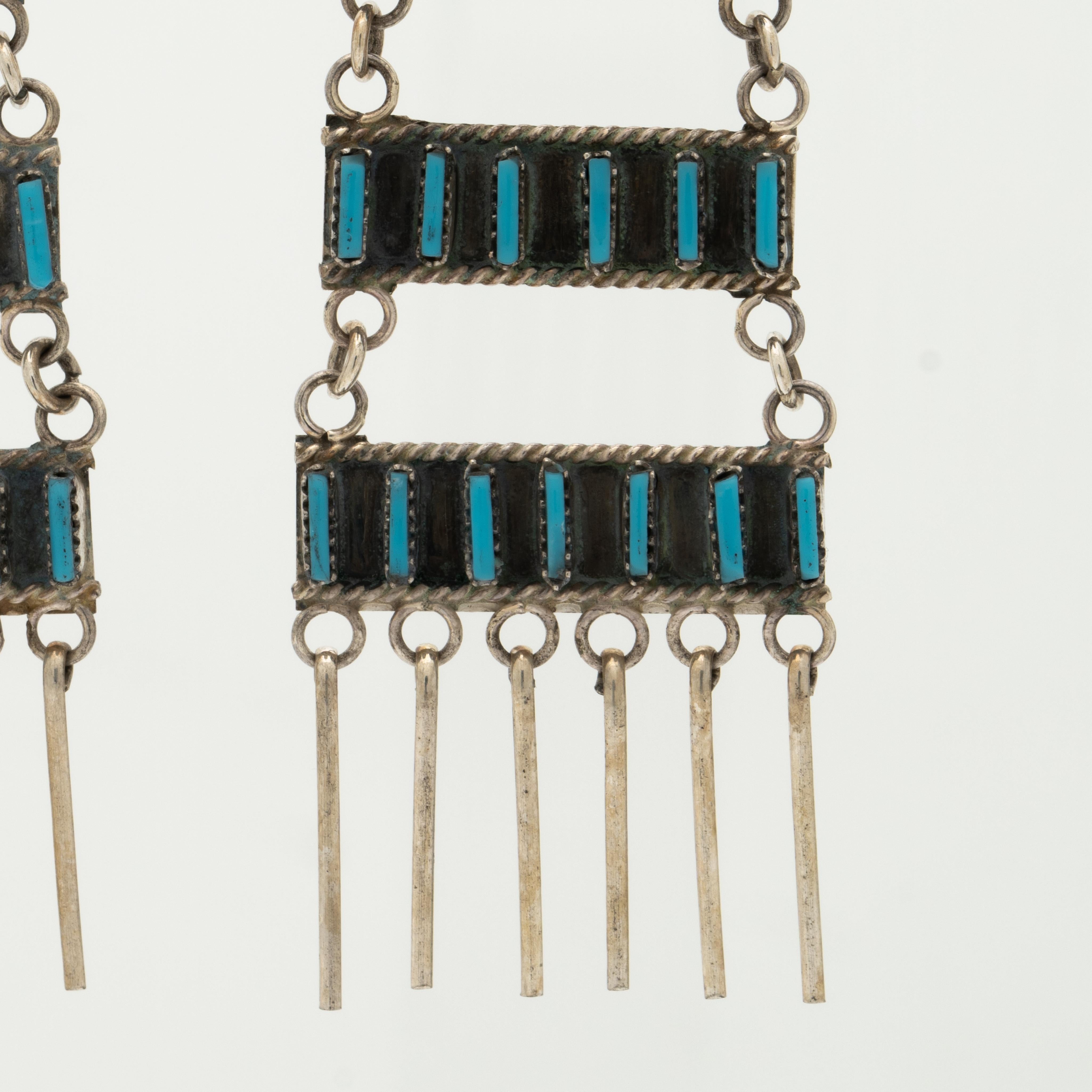 Native American Vintage Zuni Silver Turquoise Long Fringe Earrings, C. 1970s In Excellent Condition For Sale In New York, NY