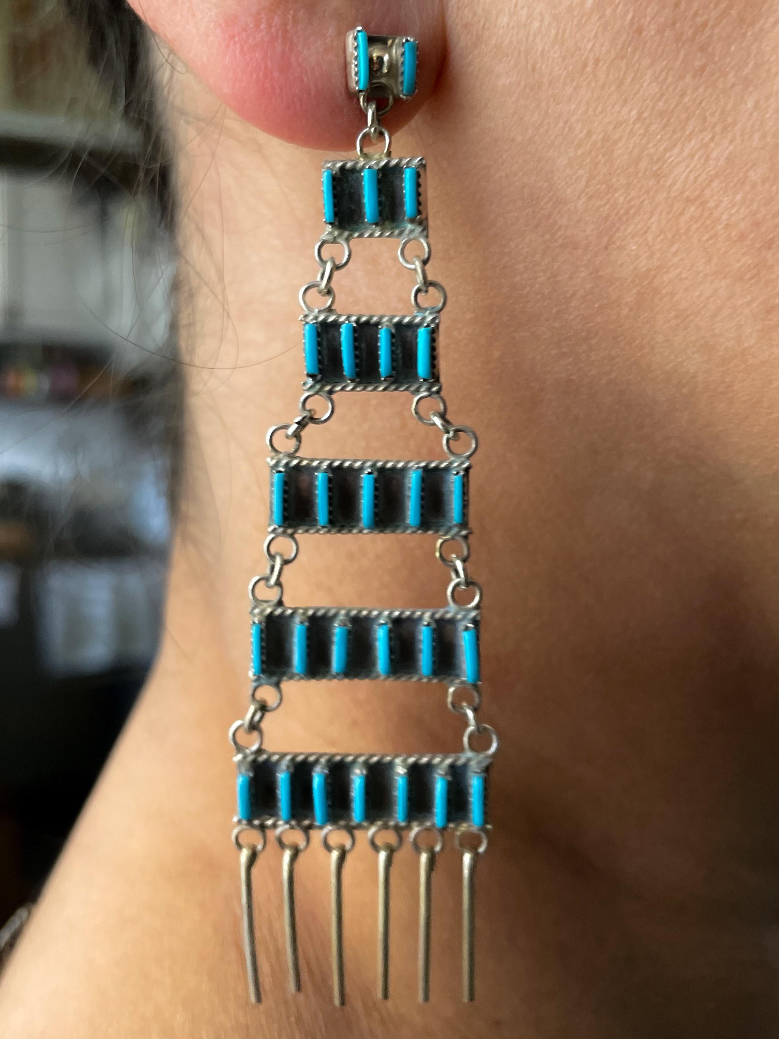Native American Vintage Zuni Silver Turquoise Long Fringe Earrings, C. 1970s For Sale 1