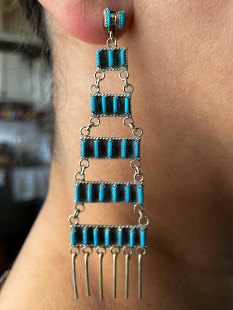 Native American Vintage Zuni Silver Turquoise Long Fringe  Vintage Zuni Sterling Turquoise Gemstone Fringe Earrings main image 0