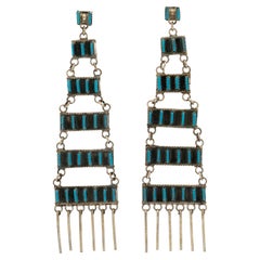 Native American Retro Zuni Silver Turquoise Long Fringe Earrings, C. 1970s