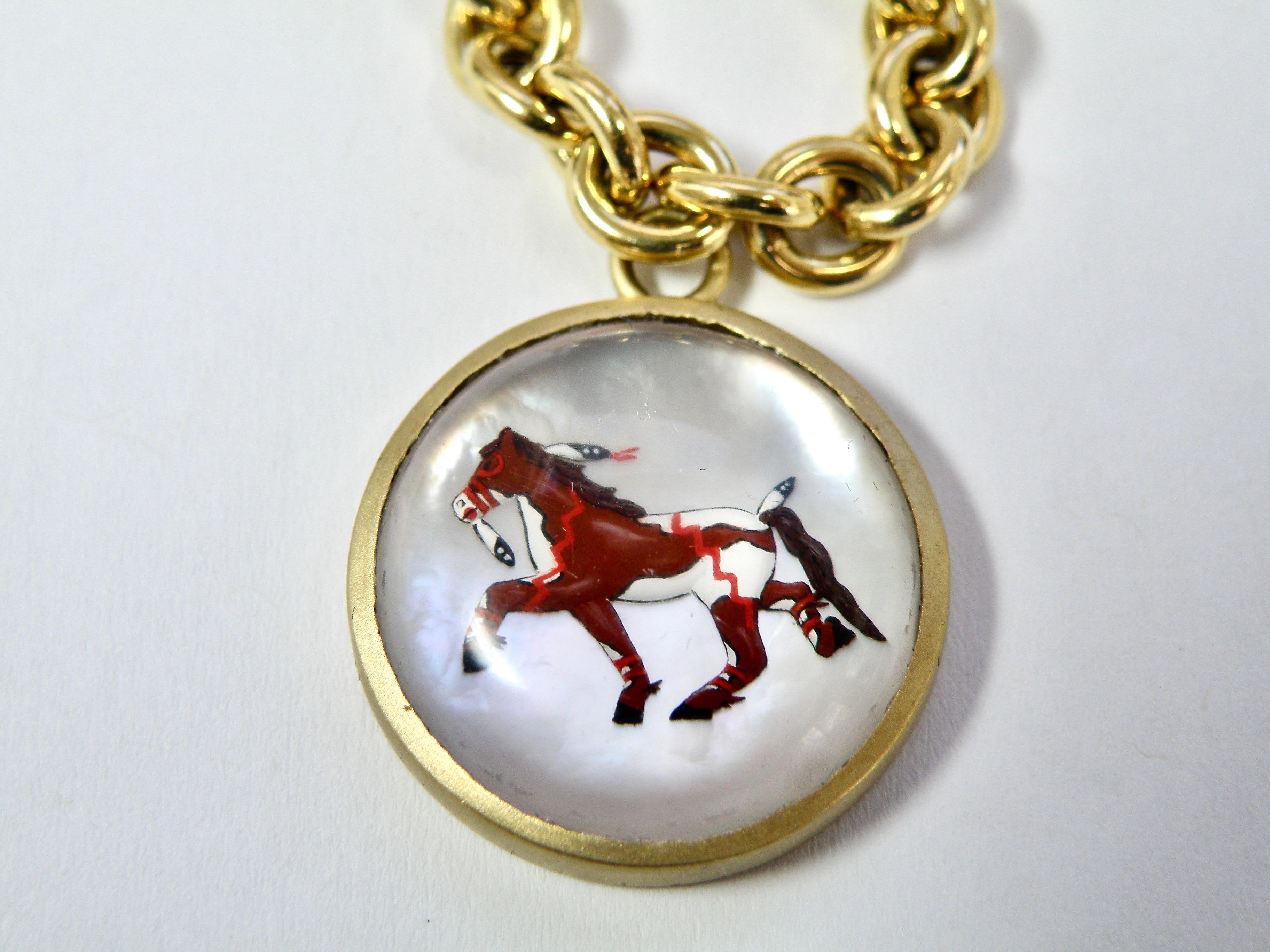 18K handcarved by mastter Idar Oberstein carver reverse crystal native american war pony pendant 25mm chain not included