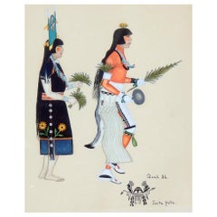Antique Native American Woman Painter Tonita Pena - Original Gouache with Two Figures 