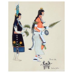Antique Native American Woman Painter Tonita Pena - Original Gouache with Two Figures
