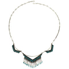 Native American Zuni MNU Sterling Silver Needlepoint Turquoise Necklace