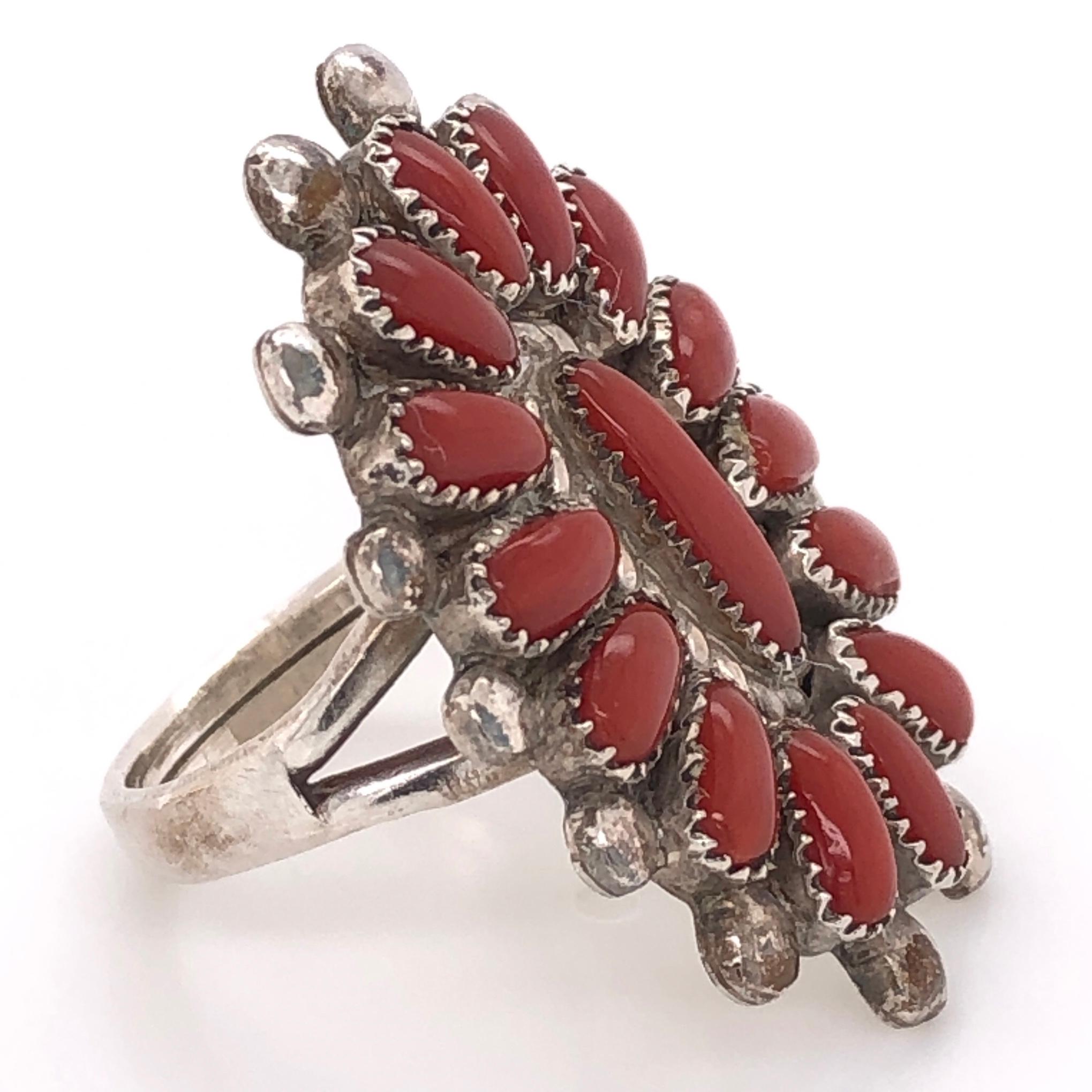 Stunning and highly desirable Native American Zuni Coral Petit Point Coral 925 Sterling Silver Ring featuring multi Coral nuggets in beautifully crafted frame. Size 7.5, measuring approx.  1-1/3