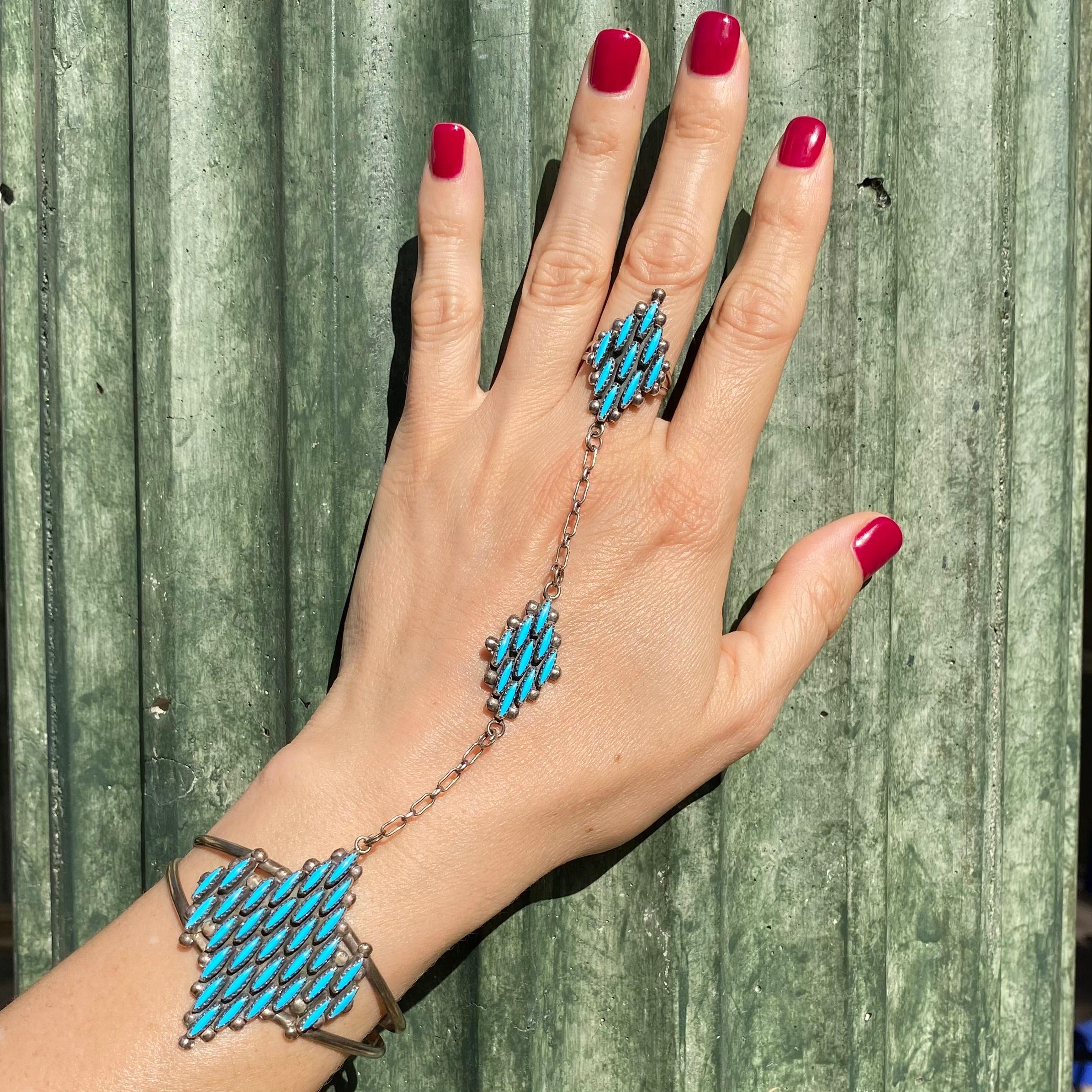Native American Zuni Turquoise Petit Point attached Bracelet and Ring ensemble. Hand set with Petit Point Turquoise and crafted in 925 Sterling Silver. Ring size: 7.75. A popular style for Cher, Streisand and the Kardashians! Each station is dressed