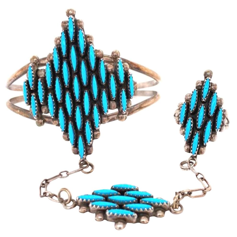 Zuni Petit Point combo bague et bracelet amérindien en argent sterling avec turquoise et turquoise