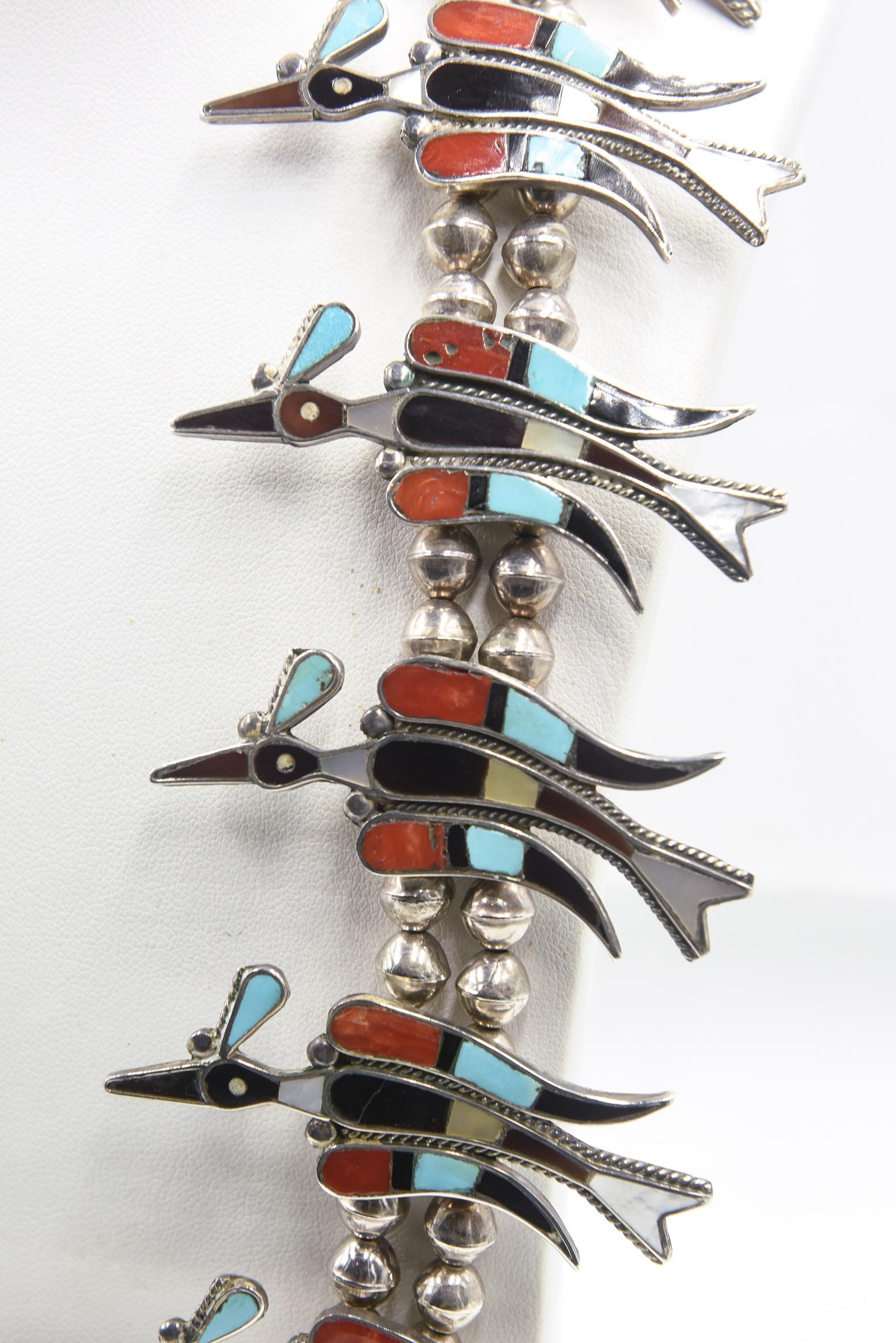 Native American Zuni Peyote Bird Inlay Squash Blossom Silver Vera Luna Necklace 3