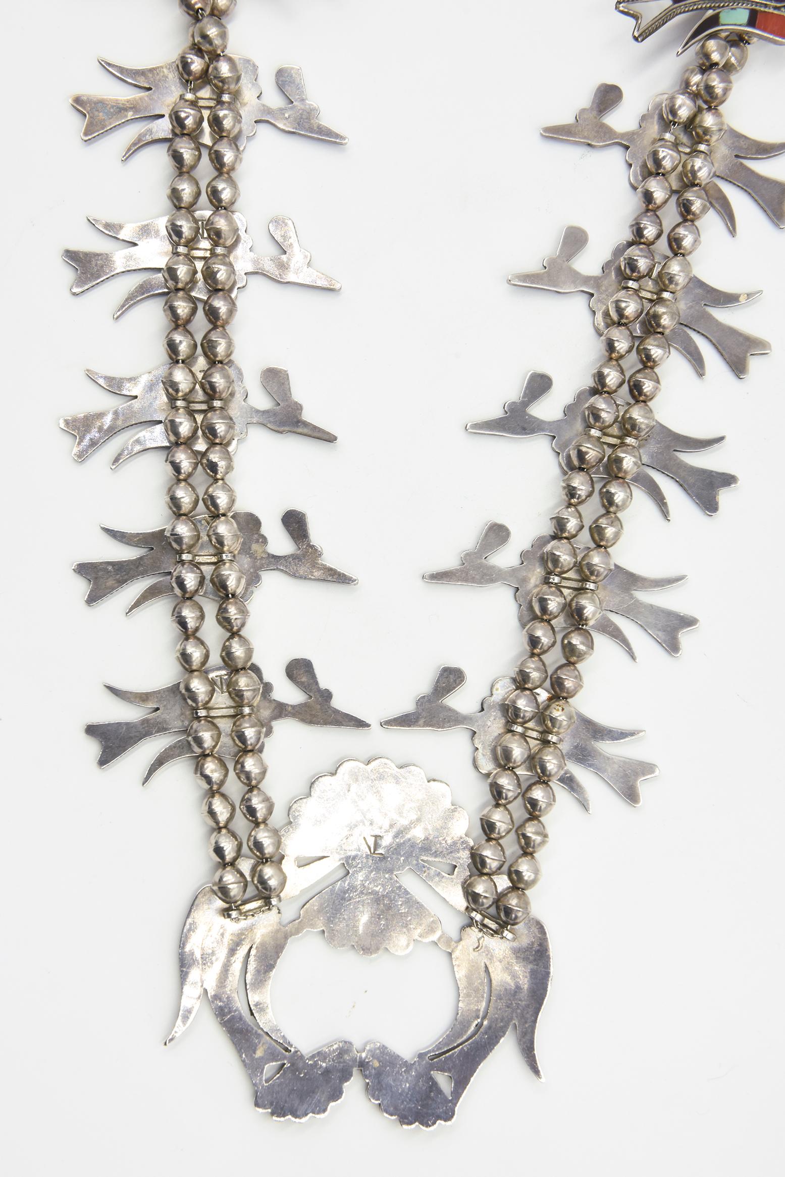 Women's or Men's Native American Zuni Peyote Bird Inlay Squash Blossom Silver Vera Luna Necklace