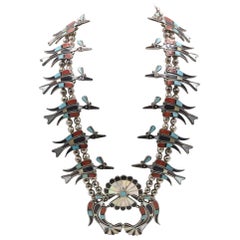 Vintage Native American Zuni Peyote Bird Inlay Squash Blossom Silver Vera Luna Necklace