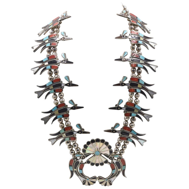 Native American Zuni Peyote Bird Inlay Squash Blossom Silver Vera Luna