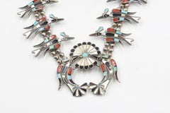 Native American Zuni Peyote Bird Inlay Squash Blossom Silver Vera Luna Necklace