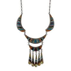 Native American Zuni SpinyOyster Turquoise MOP Crescent Stripe Necklace 21" Ster