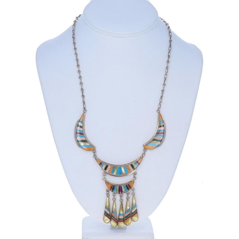 Taglio misto Native American Zuni SpinyOyster Turquoise MOP Crescent Stripe Necklace 21