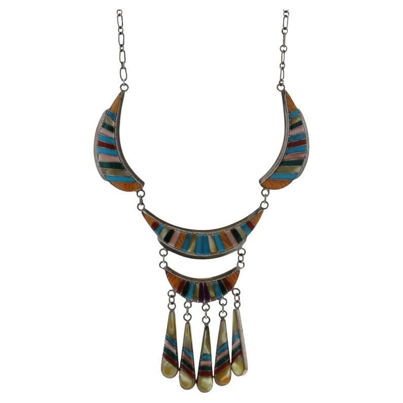 Native American Zuni SpinyOyster Turquoise MOP Crescent Stripe Necklace 21" Ster in vendita