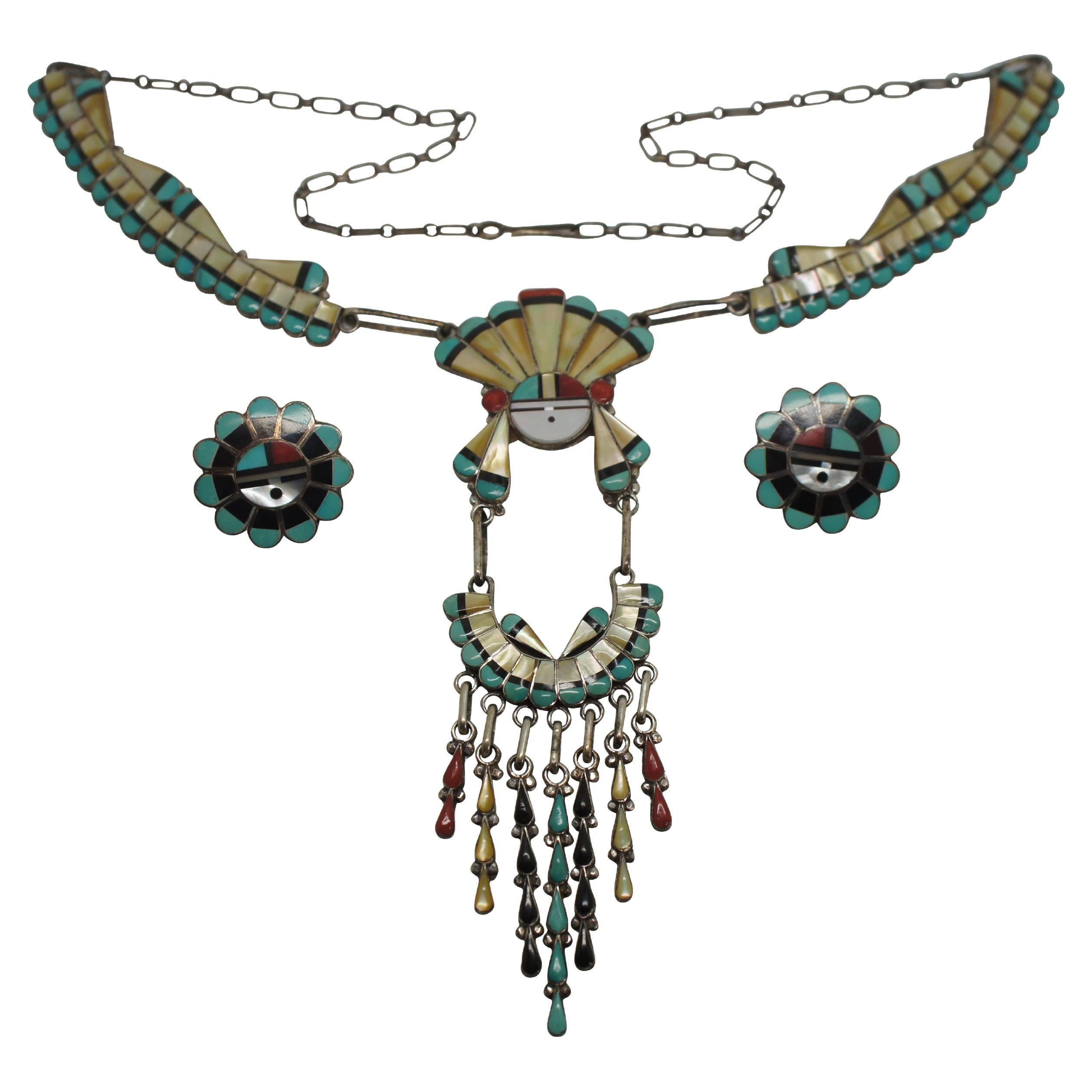 Native American Zuni Sunface Sterling Silver Turquoise MOP Necklace Earrings