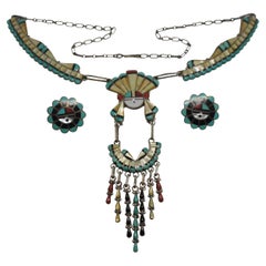 Native American Zuni Sunface Sterling Silver Turquoise MOP Necklace Earrings
