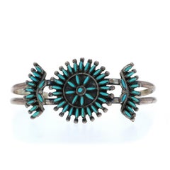Native American Zuni Turquoise Needlepoint Cuff Bracelet 6 3/4" - Sterling 925