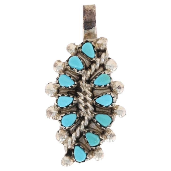 Native American Zuni Turquoise Pendant - Sterling Silver Leaf Cluster For Sale