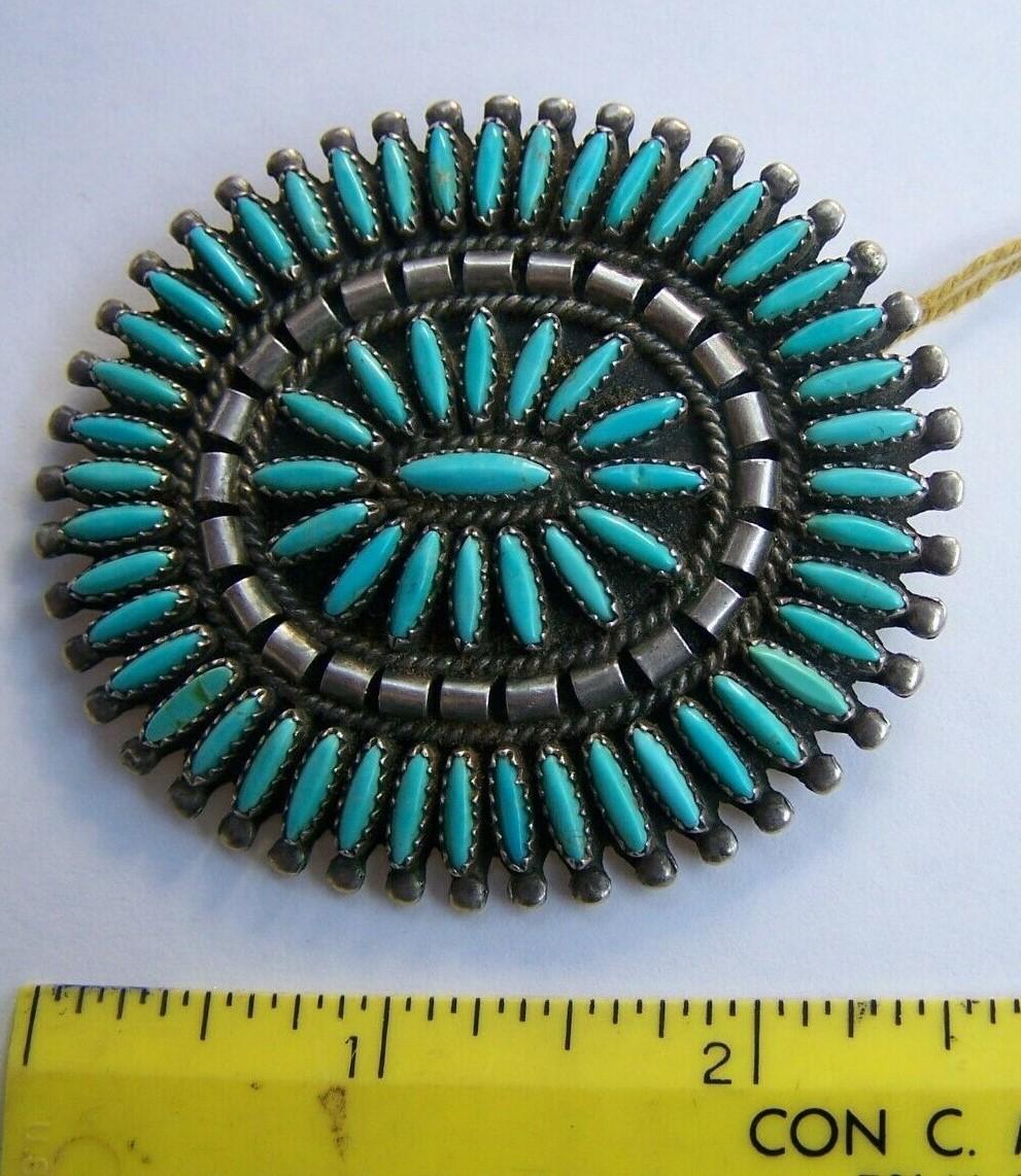 Stunning Highly Desirable Native American Zuni Navajo Sterling Silver Large Brooch Pendant featuring Petit Point Natural Turquoise in Beautifully Hand crafted 925 Sterling Silver frame. Dimensions: 2 5/8