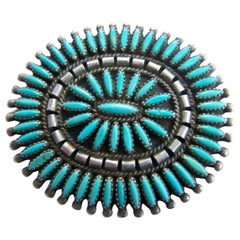 Native American Zuni Turquoise Petti Point Sterling Silver Brooch Pin Pendant