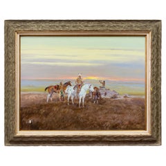 Vintage "Native Americans at Sunset" Original Oil Painting by Ace Powell