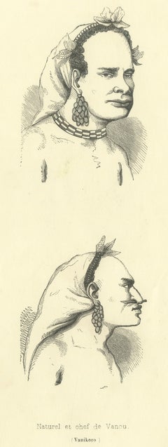 Native and Chief of Vannu, Vanikoro, Antique Wahlen Costume Print, 1843-1844