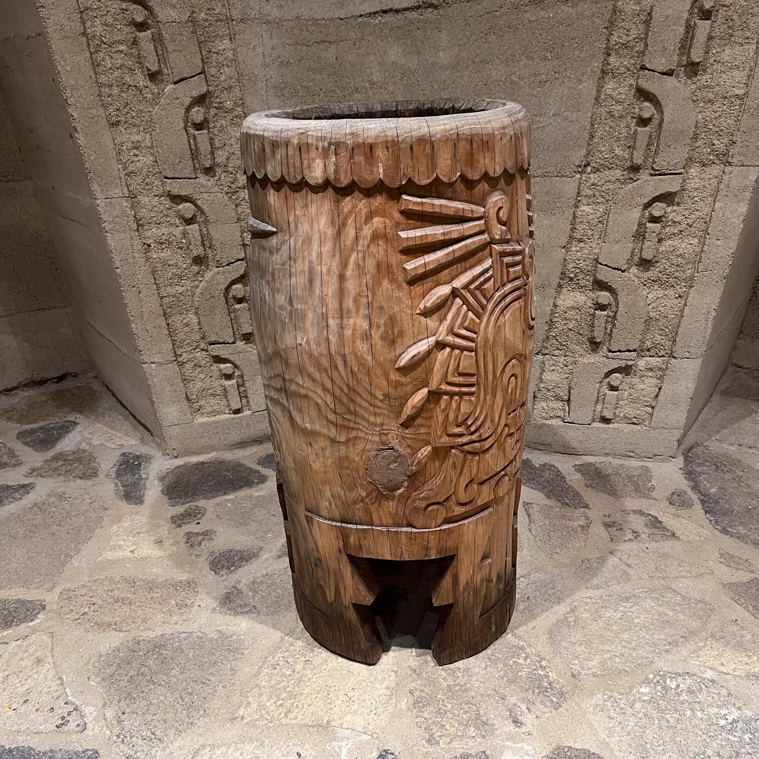 Mexican Native Aztec Music Dance Drum Carved Wood Pedestal Mexico For Sale