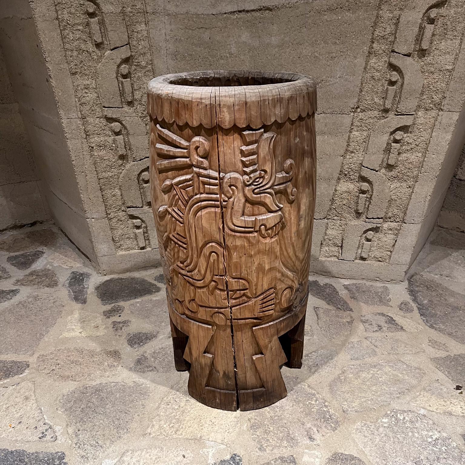 Native Aztec Music Dance Drum Carved Wood Pedestal Mexico In Good Condition For Sale In Chula Vista, CA