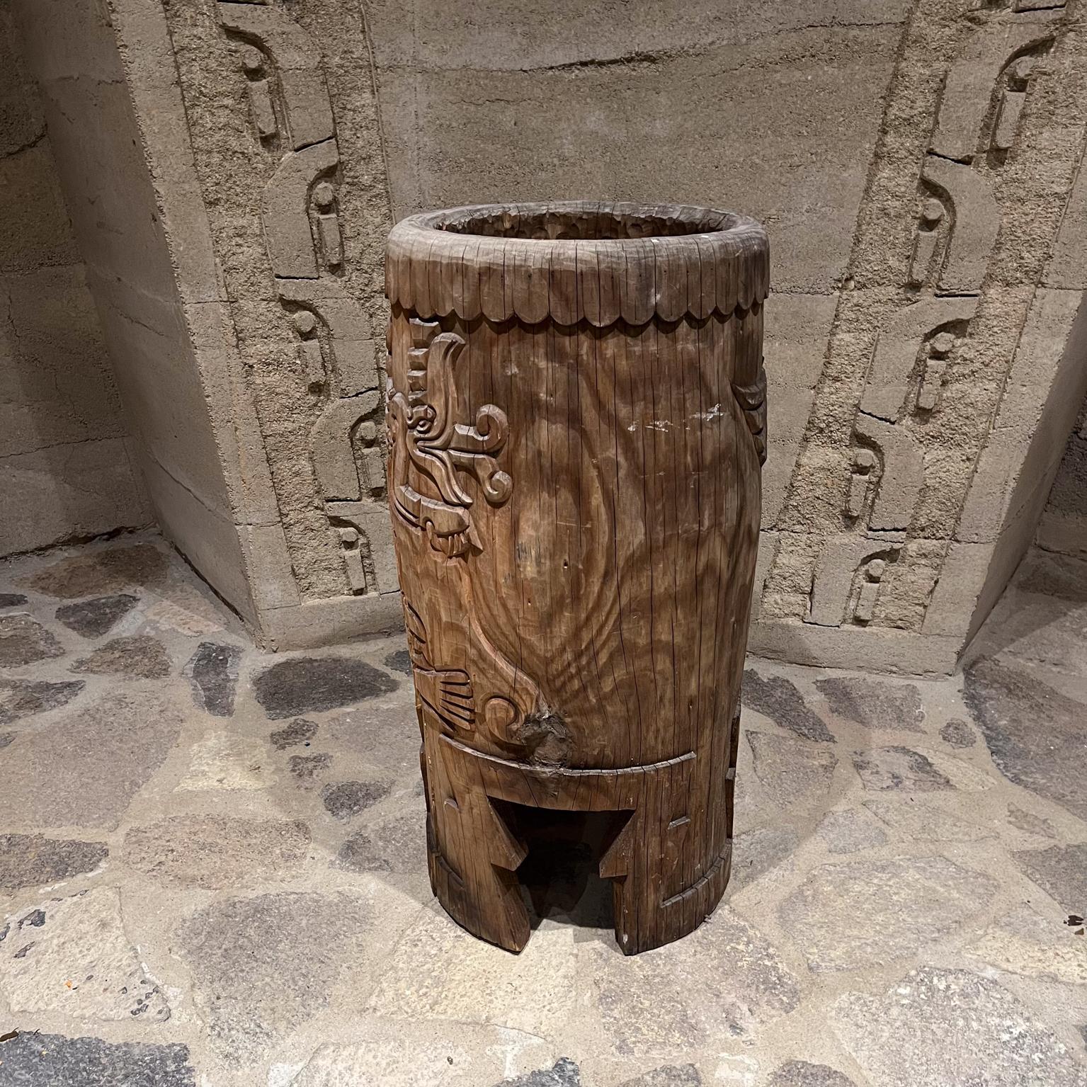 20th Century Native Aztec Music Dance Drum Carved Wood Pedestal Mexico For Sale